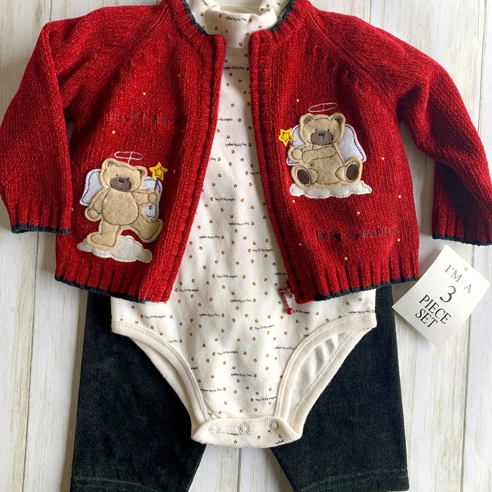 ANGEL TEDDY BEARS THREE-PIECE BABY SWEATER SET